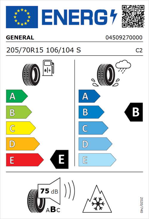 Tyre Label for General Grabber AT 3 205/70R15 106/104S