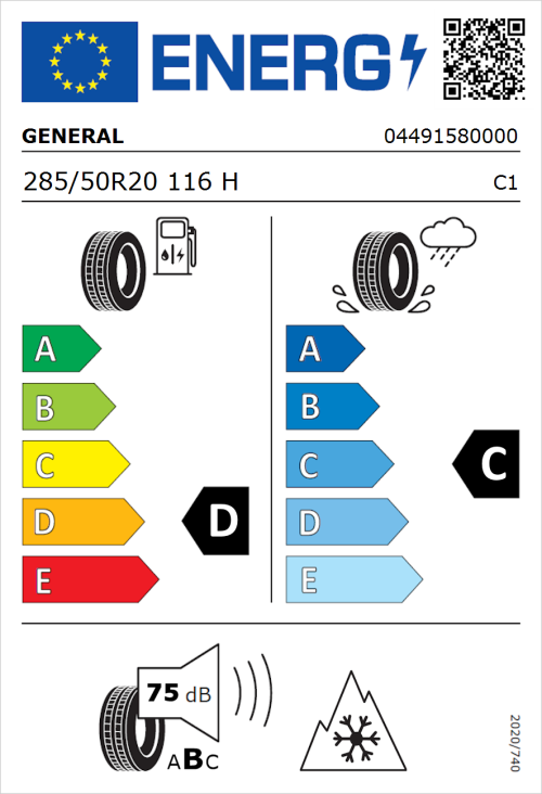 Tyre Label for General Grabber AT 3 285/50R20 116H