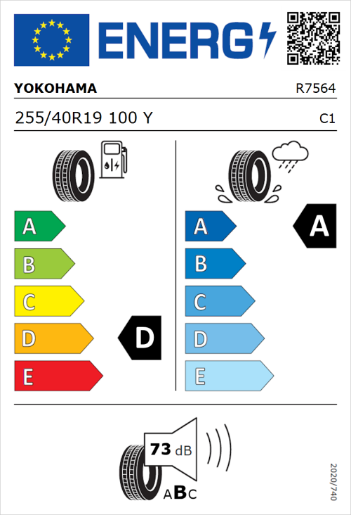 Tyre Label for Yokohama Advan Sport V107 255/40R19 100Y