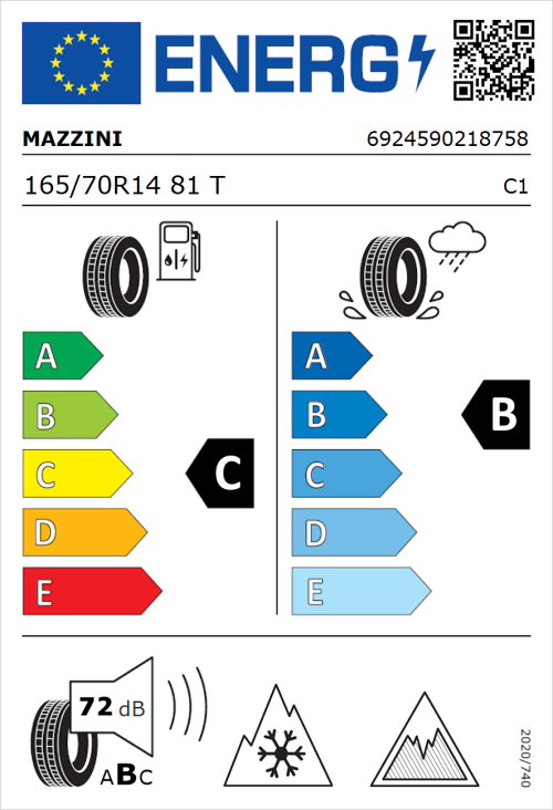 Tyre Label for Mazzini Versat-AS8 165/70R14 81T
