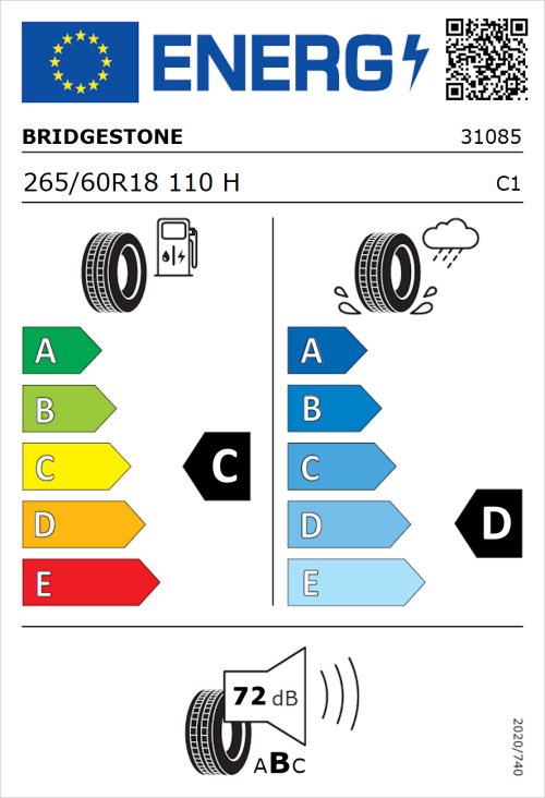 Tyre Label for Bridgestone Dueler H/T 684 II 265/60R18 110H