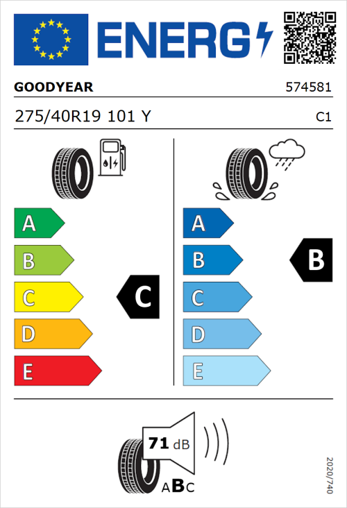 Tyre Label for Goodyear EfficientGrip 275/40R19 101Y