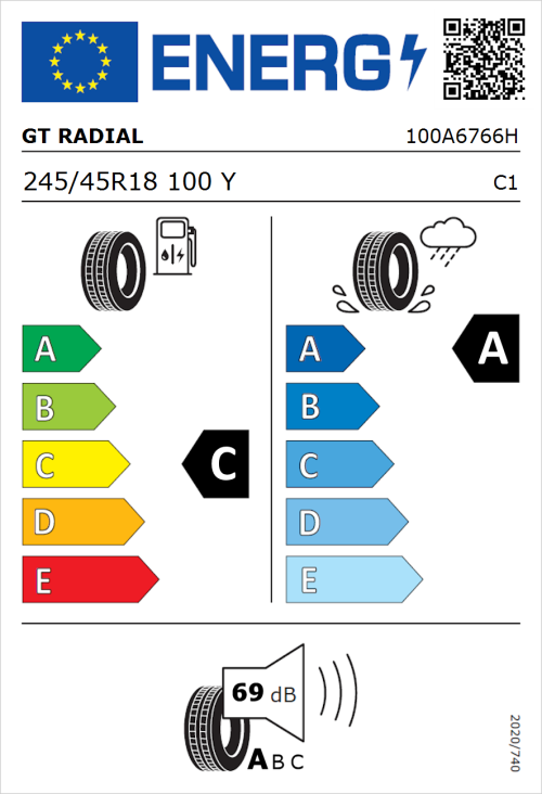Tyre Label for GT Radial SportActive 2 Evo 245/45R18 100Y
