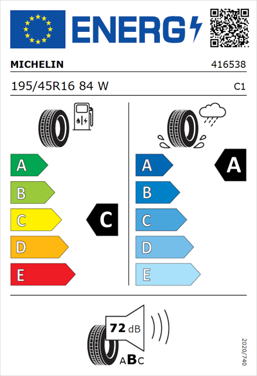 Tyre Label for Michelin Pilot Sport 5 195/45R16 84W