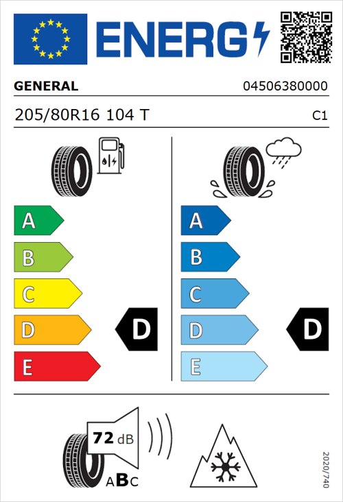 Tyre Label for General Grabber AT 3 205/80R16 104T
