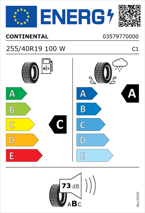 Tyre Label for Continental ContiSportContact 5 Silent 255/40R19 100W